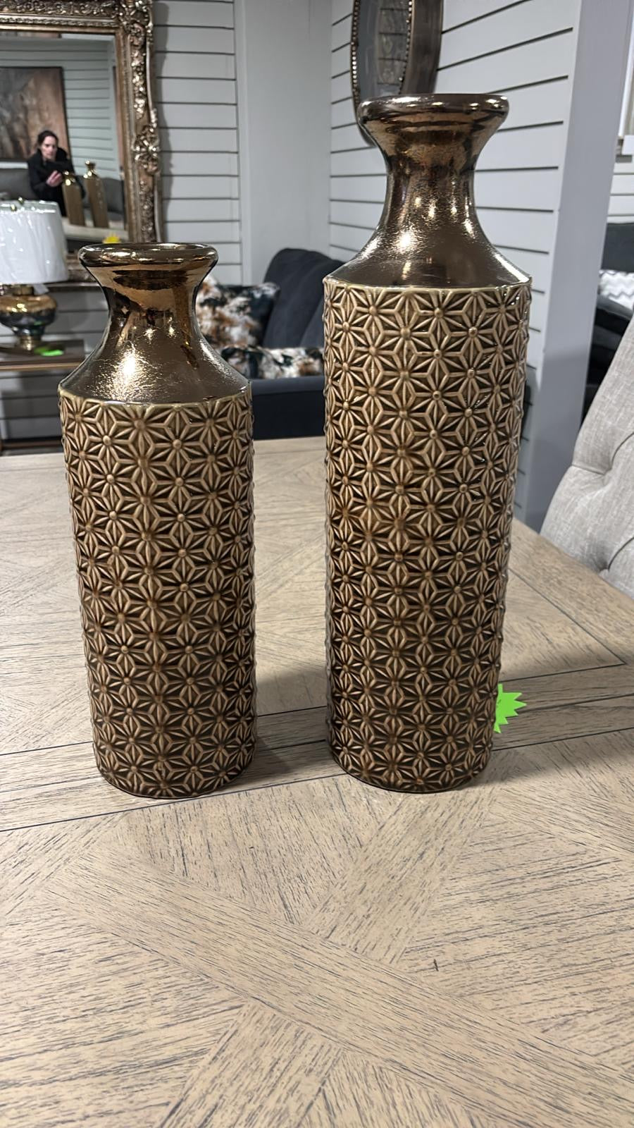 Floor display set of 2 bronzed vases