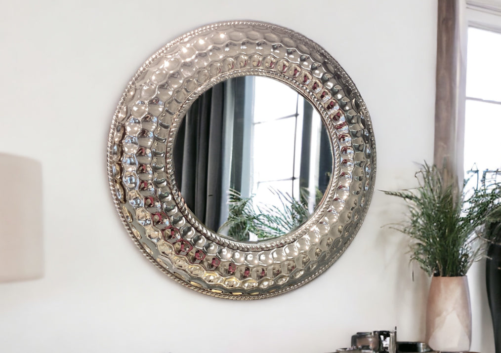 Round Nickel Hammered Bevelled Mirror 31.5"D