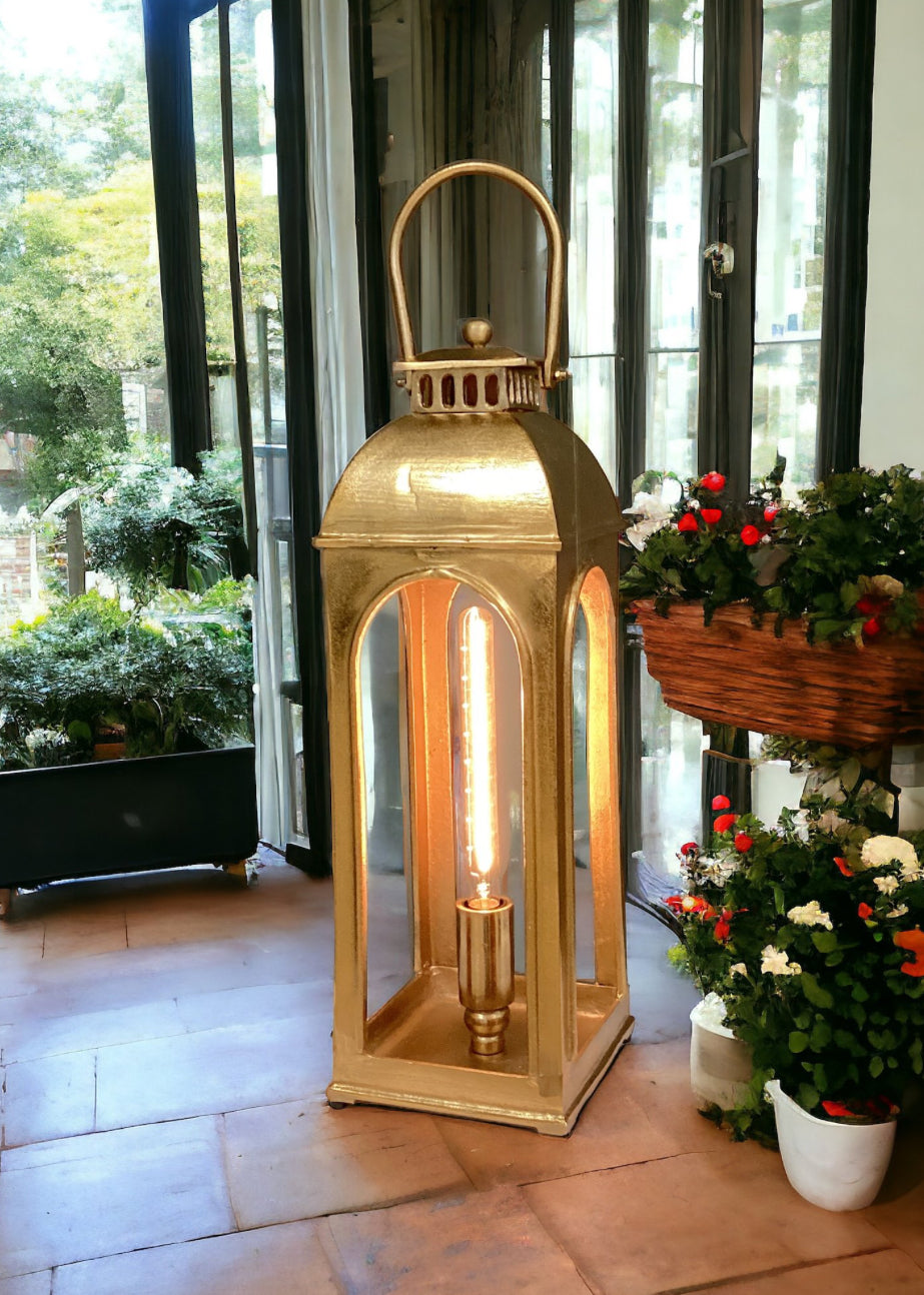 Handmade Cast Aluminium Lantern Lamp in Gold Finish 26"H BULB Included