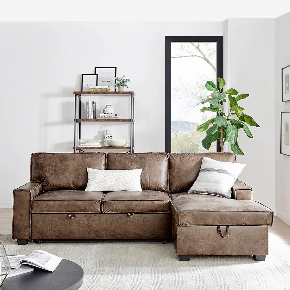 Havar Corner Sofa Bed: Brown Leather Aire (Right)