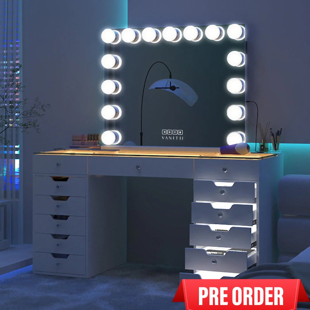 VANITII Eva Vanity Desk - 13 Storage Drawers with Full Light & 15 Dimmable Bulb Mirror