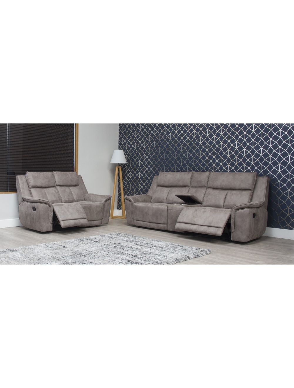 Belray Brown Grey Fabric Reclining 3+2 Sofa Suite with One Central Console