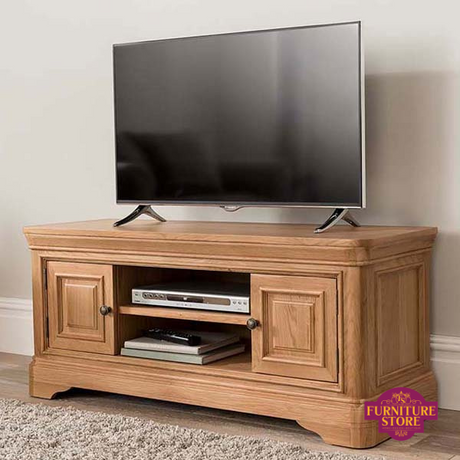 Carmen TV Unit - Solid Oak - shelves and 2 doors with brass handles