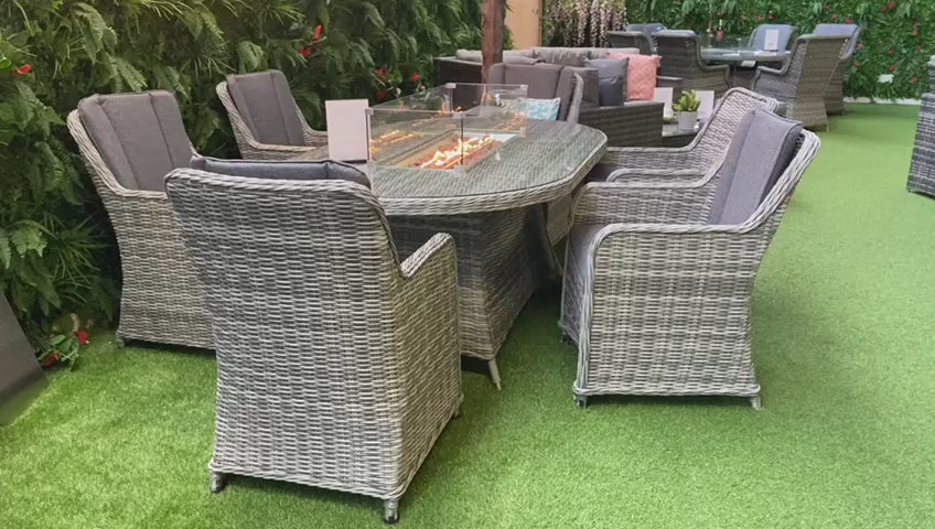 La Garda Rattan 6 Seat Dining Set with Oval Fire Pit Table & Manila Chairs